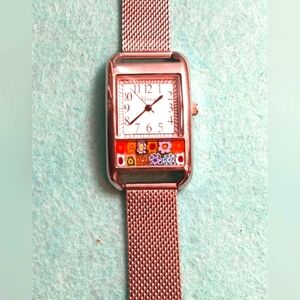 Venice Murano Glass Millefiori Silver-toned Mesh Watch, WORKS!
